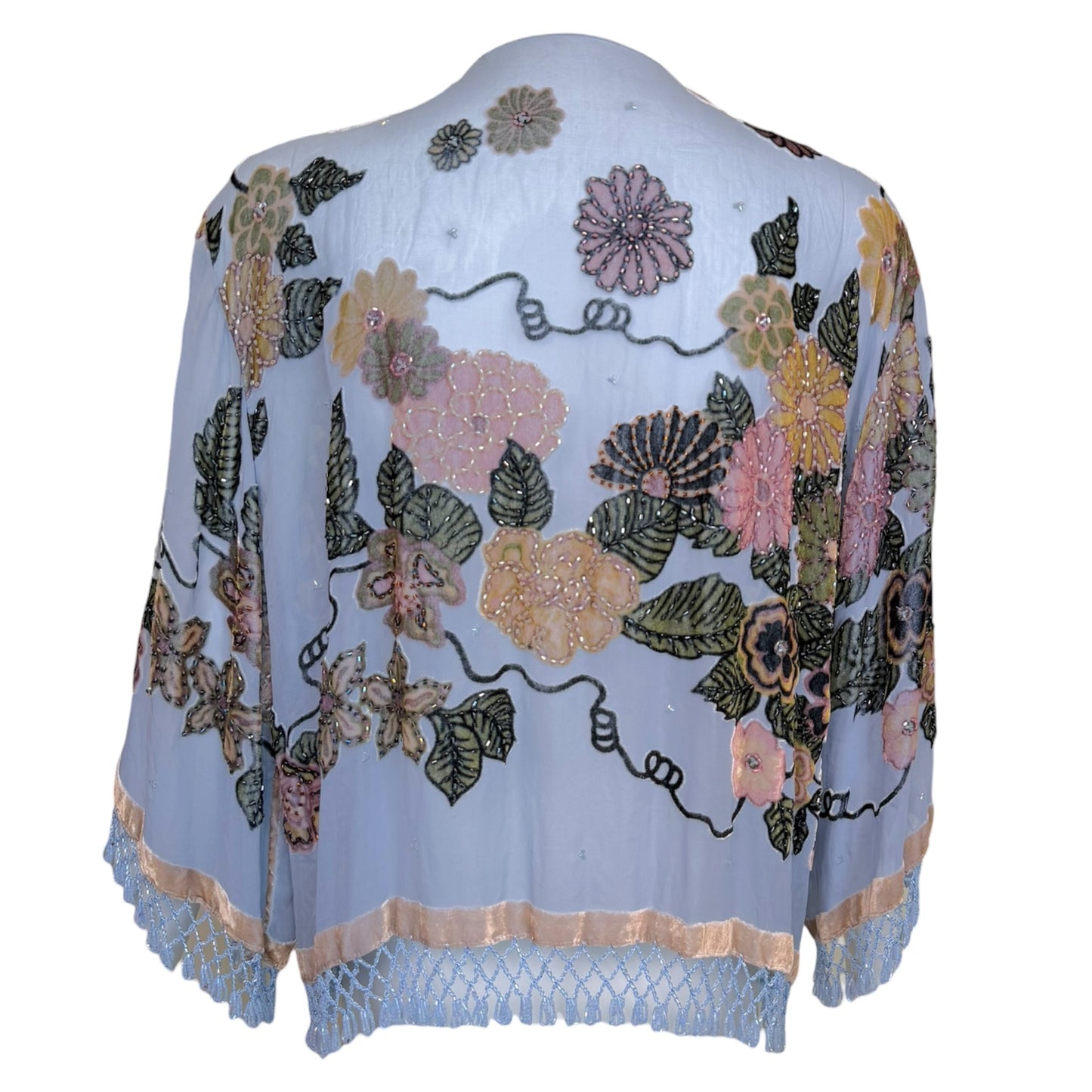 Vintage Light Blue Silk Chiffon Beaded Floral Fringe Kimono Jacket