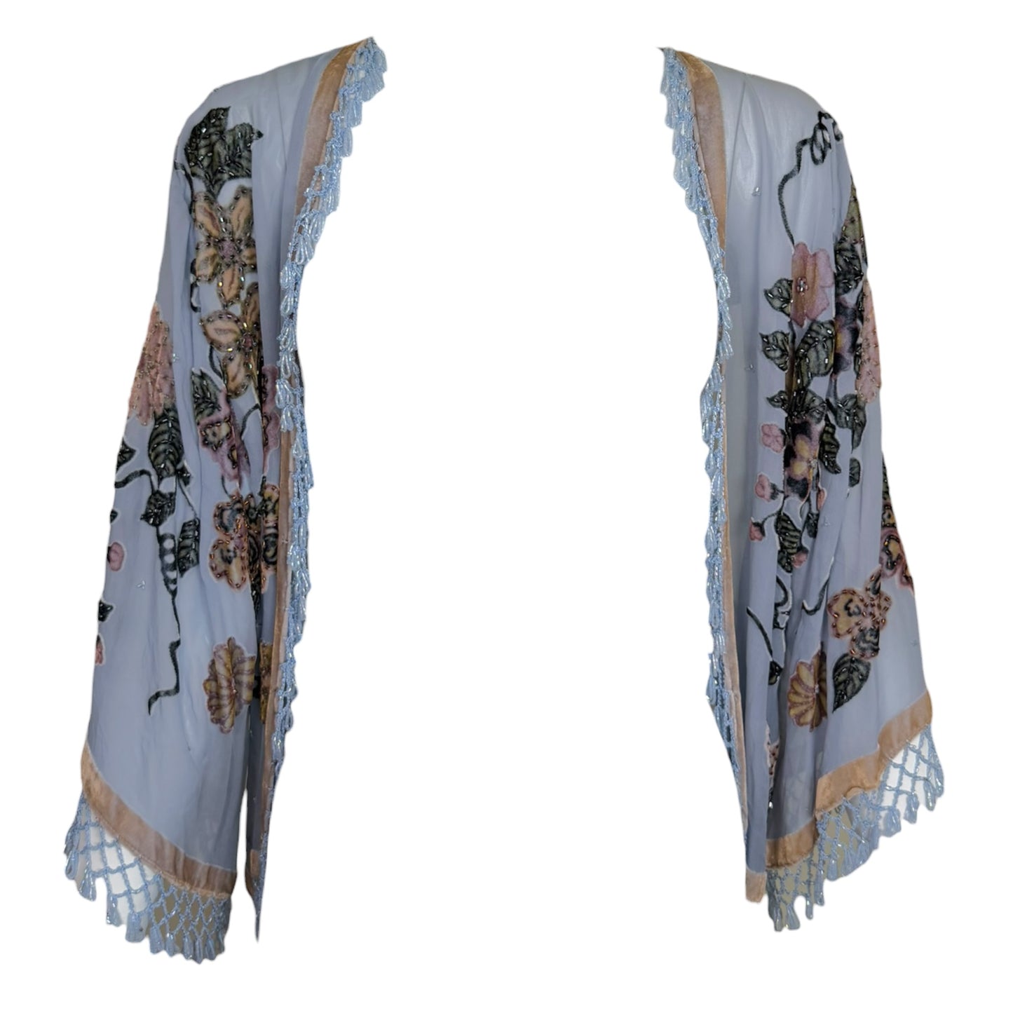 Vintage Light Blue Silk Chiffon Beaded Floral Fringe Kimono Jacket
