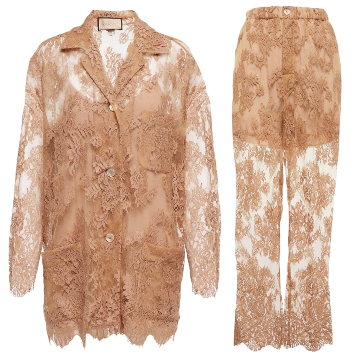 Gucci S/S 2023 Gingembre Floral Lace Pajama Ensemble Set Nude IT 38
