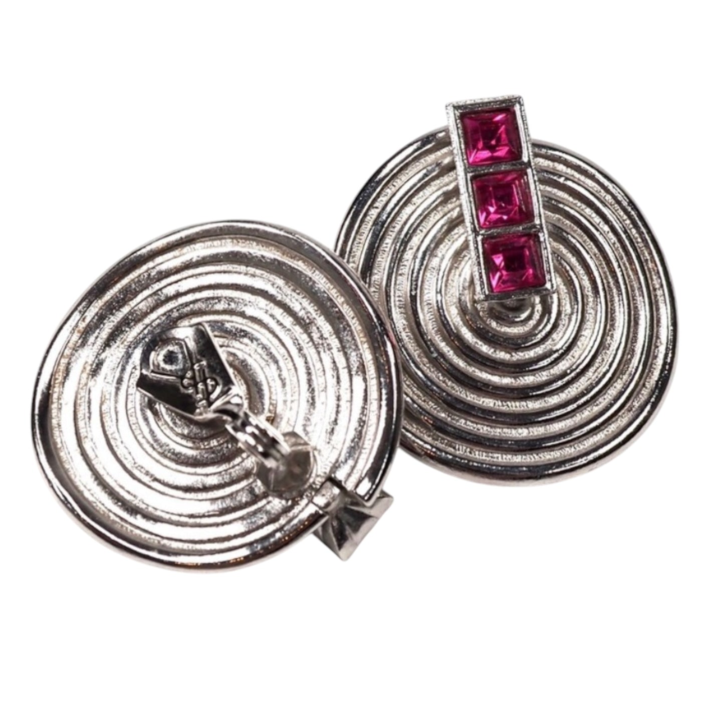 Vintage Yves Saint Laurent YSL Silver-Tone Spiral Disc Necklace & Pink Crystal Clip-On Earring Set