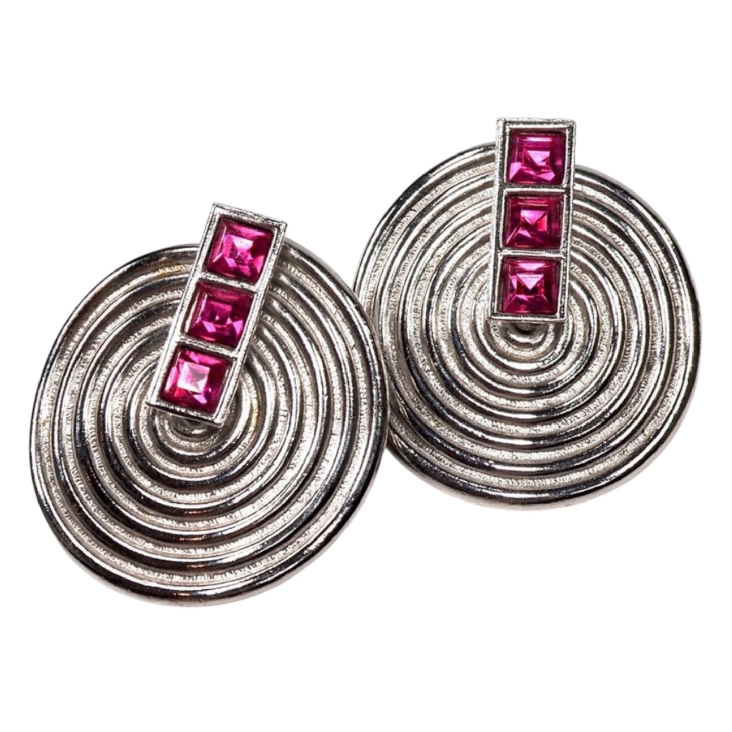Vintage Yves Saint Laurent YSL Silver-Tone Spiral Disc Necklace & Pink Crystal Clip-On Earring Set