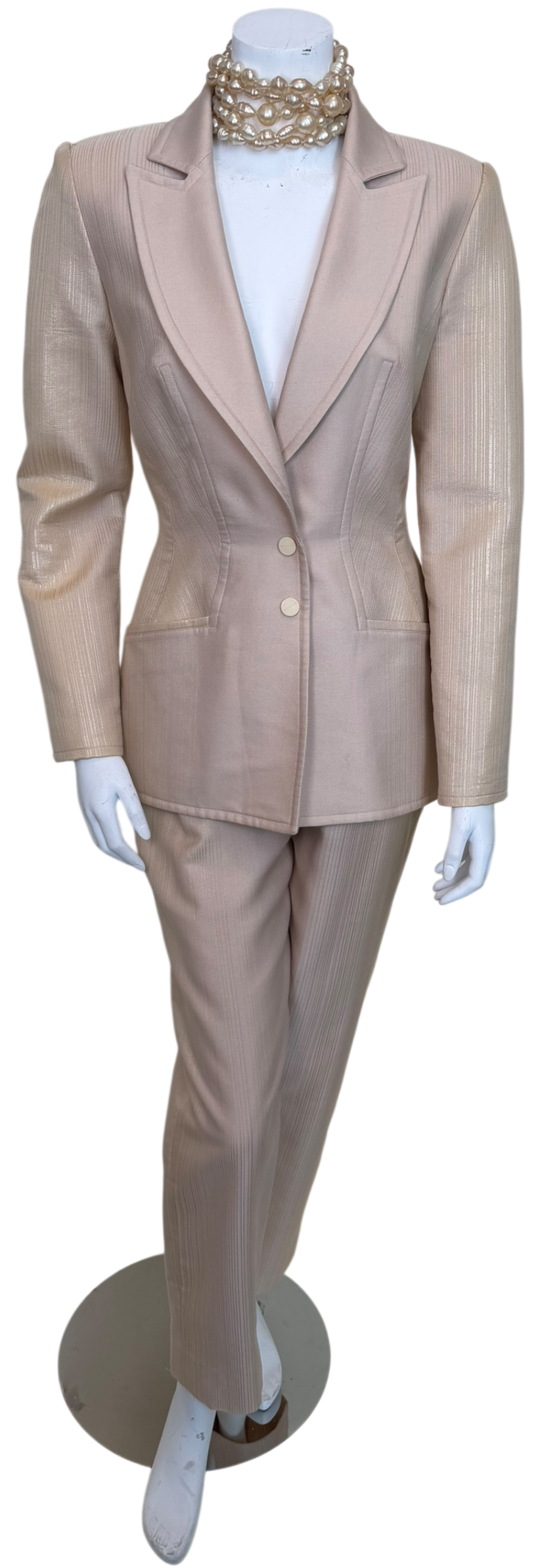 Vintage 1990s Thierry Mugler Sculpted Hourglass Blazer & Trouser Suit - Pearl Ivory Iridescent Jacquard