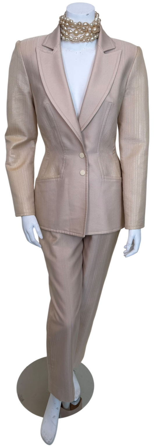 Vintage 1990s Thierry Mugler Sculpted Hourglass Blazer & Trouser Suit - Pearl Ivory Iridescent Jacquard