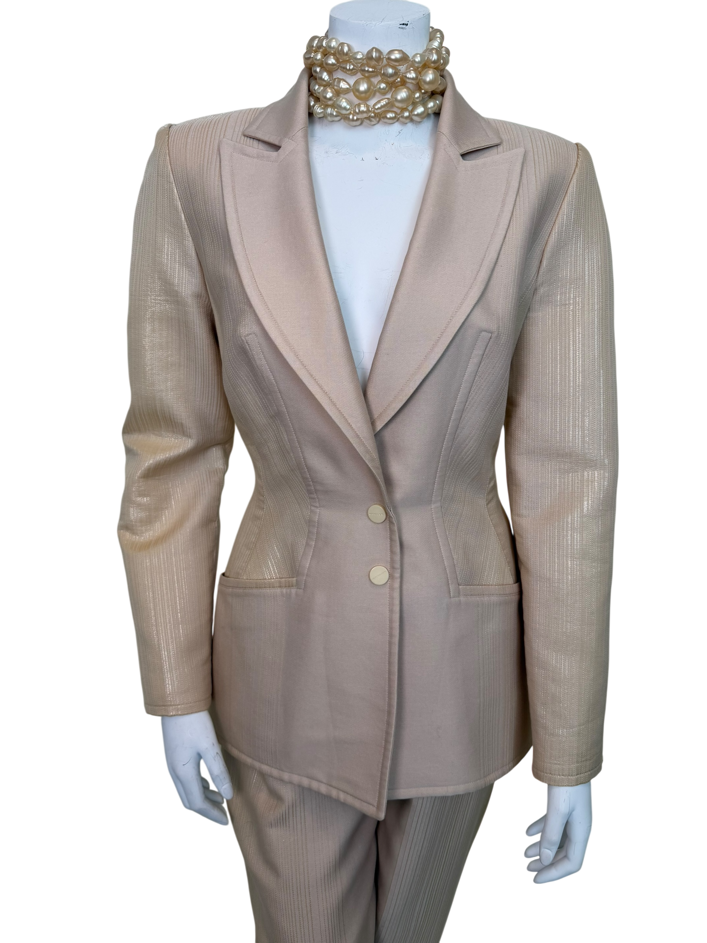 Vintage 1990s Thierry Mugler Sculpted Hourglass Blazer & Trouser Suit - Pearl Ivory Iridescent Jacquard
