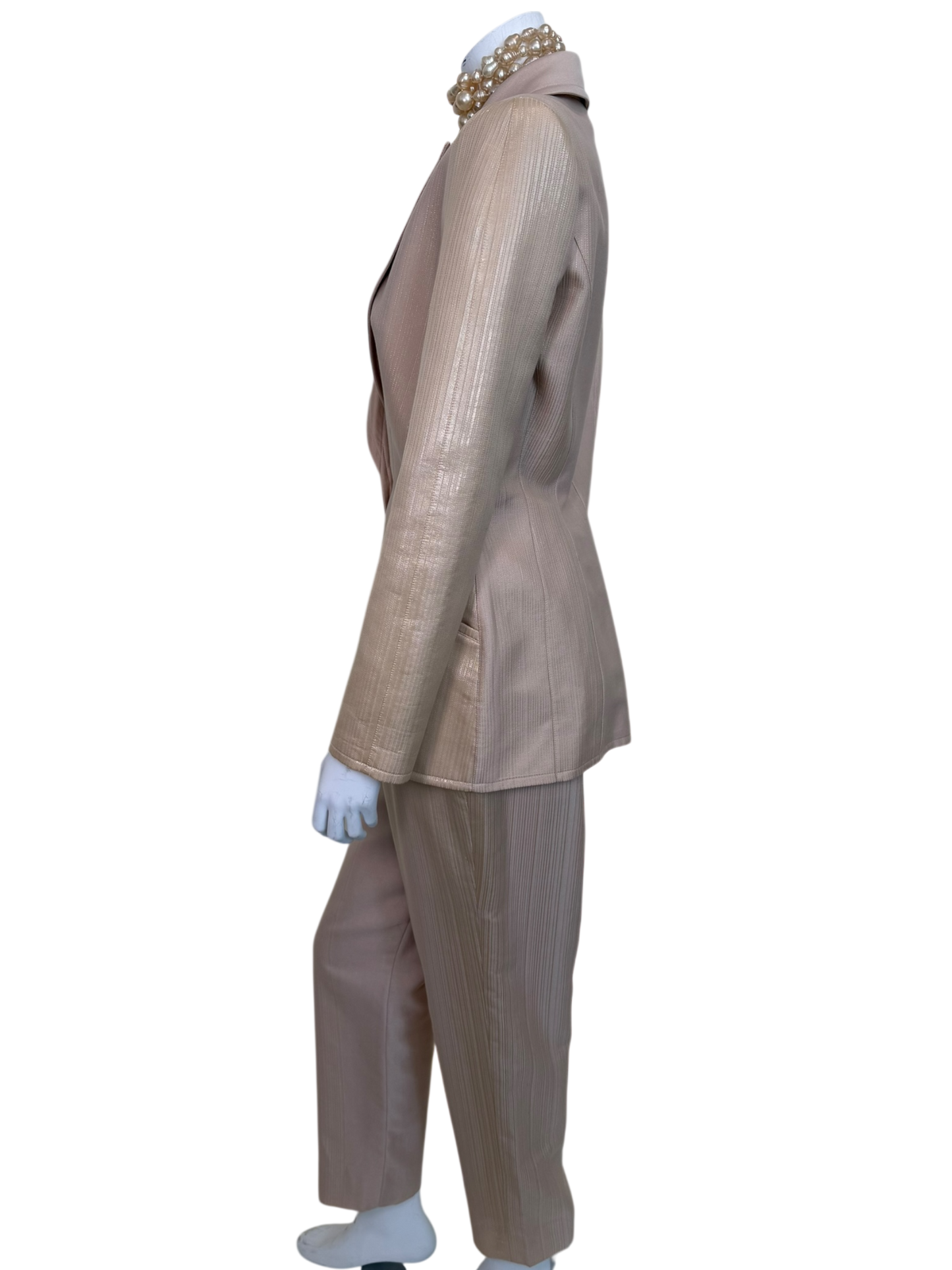 Vintage 1990s Thierry Mugler Sculpted Hourglass Blazer & Trouser Suit - Pearl Ivory Iridescent Jacquard