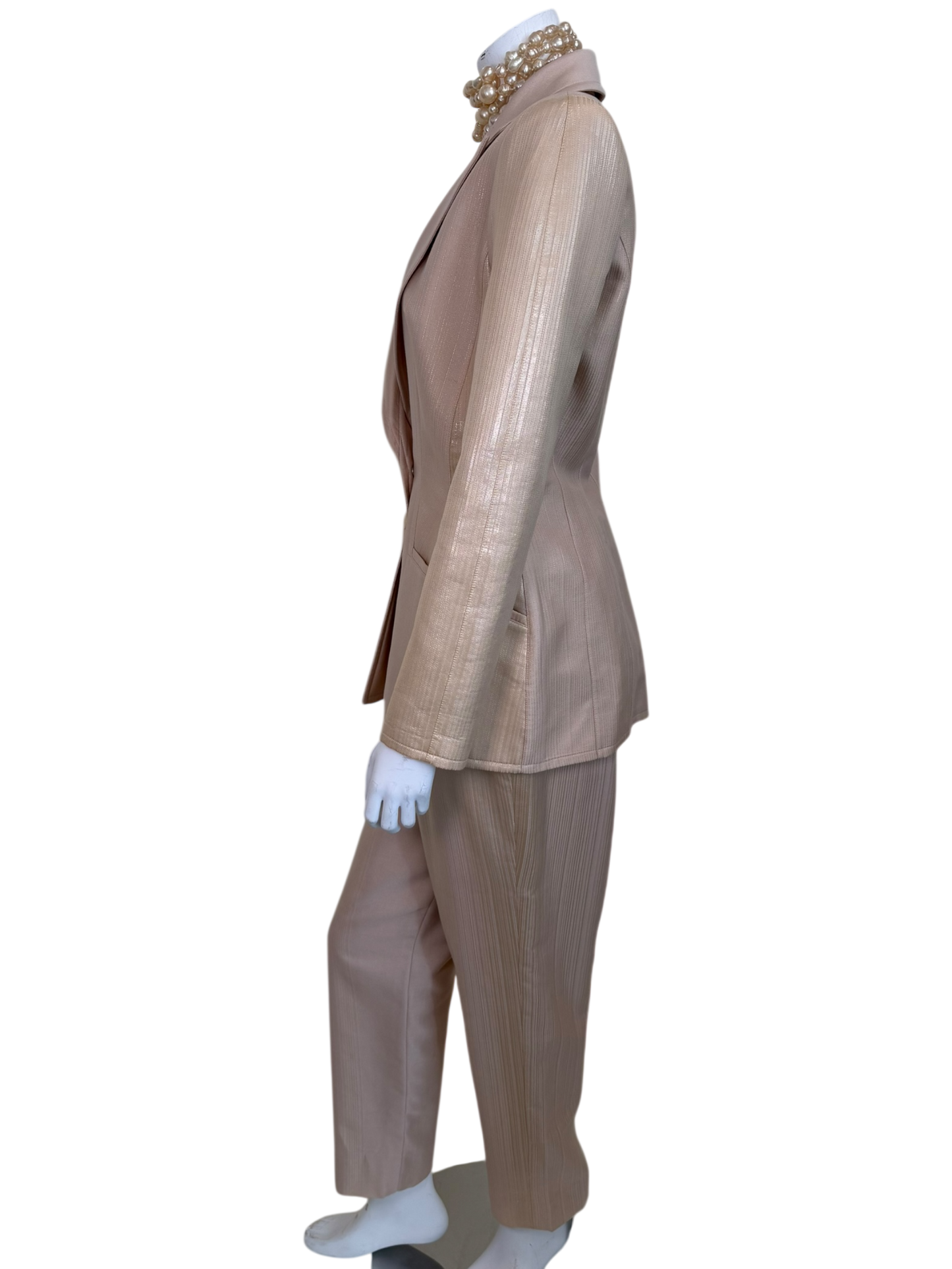 Vintage 1990s Thierry Mugler Sculpted Hourglass Blazer & Trouser Suit - Pearl Ivory Iridescent Jacquard