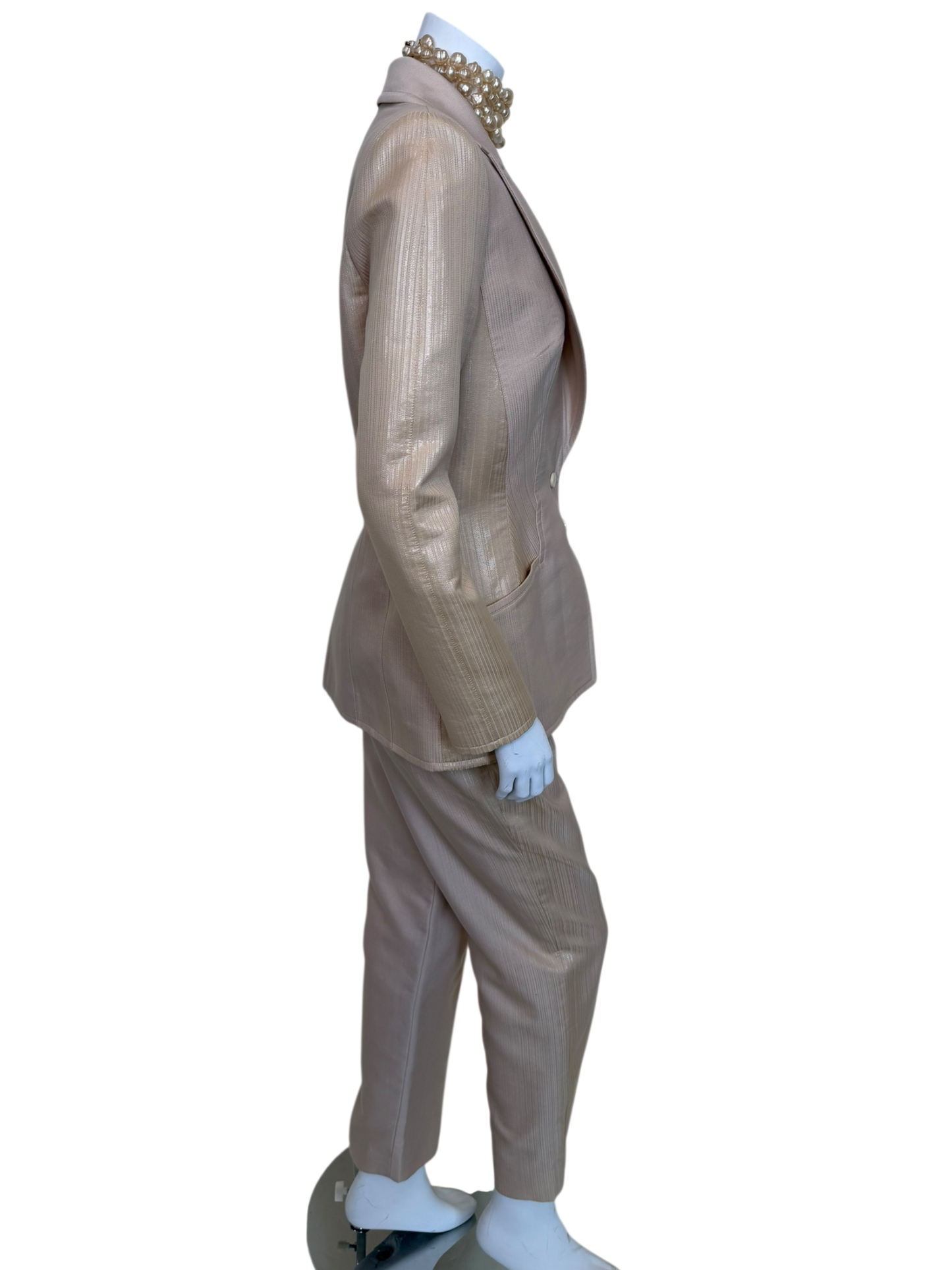 Vintage 1990s Thierry Mugler Sculpted Hourglass Blazer & Trouser Suit - Pearl Ivory Iridescent Jacquard