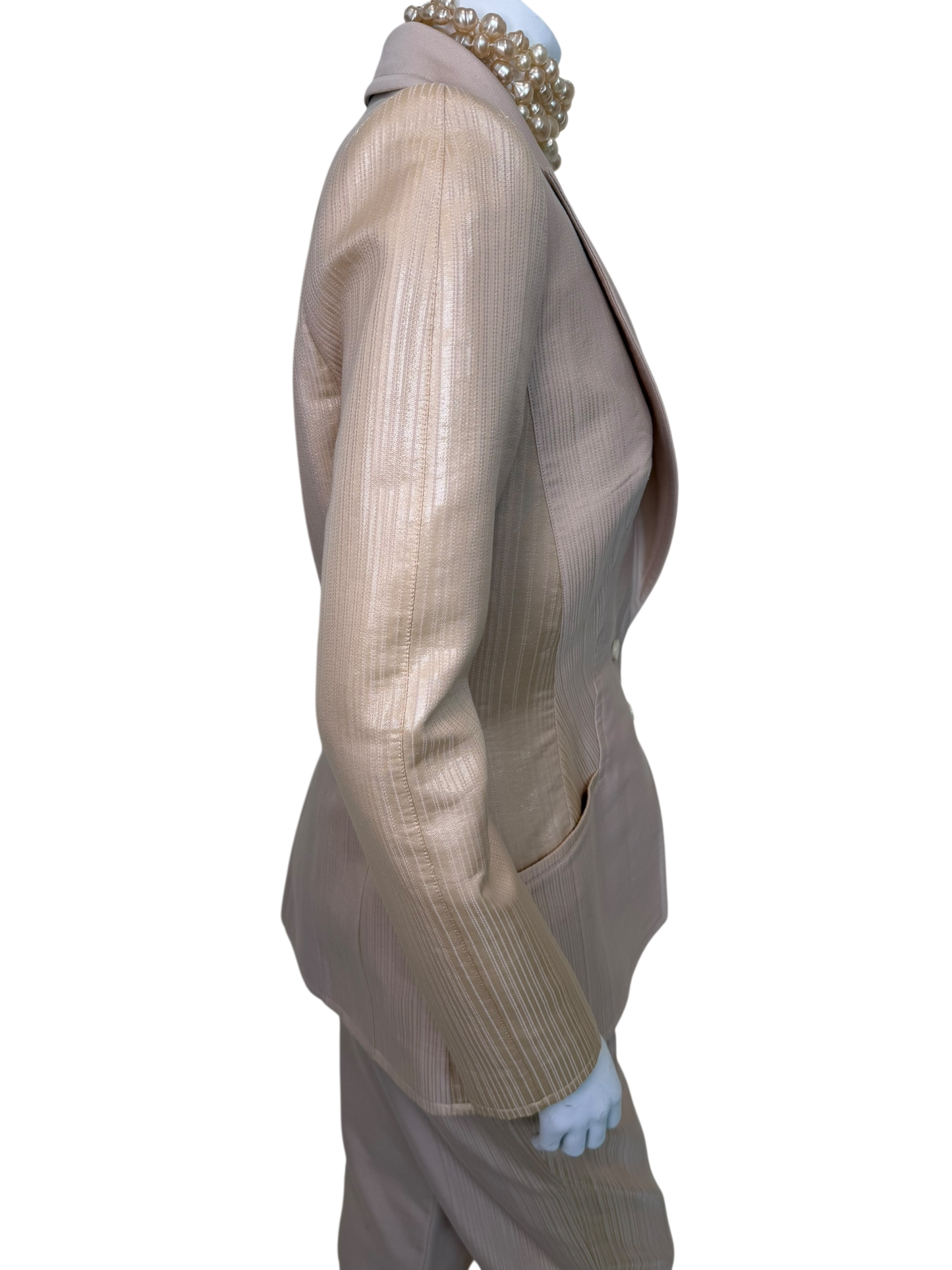 Vintage 1990s Thierry Mugler Sculpted Hourglass Blazer & Trouser Suit - Pearl Ivory Iridescent Jacquard