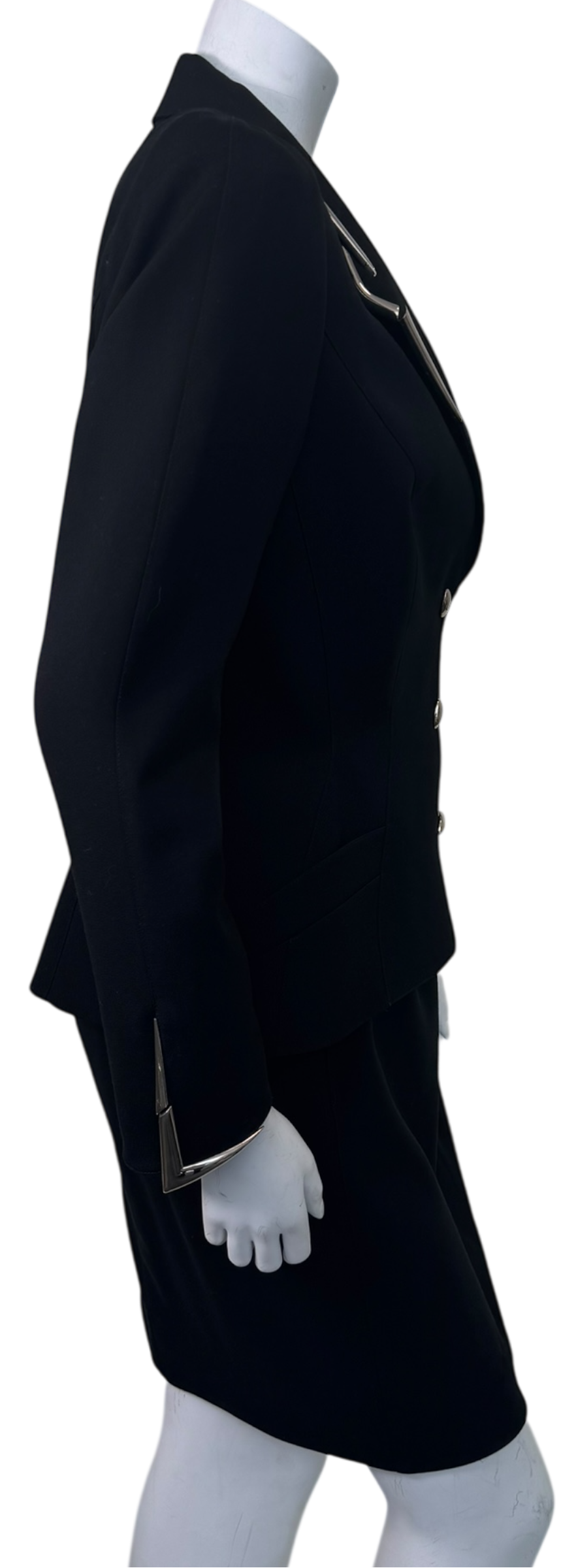 Vintage Thierry Mugler Paris Black Tailored Skirt Suit w/ Sculptural Metal Lapel Hardware, Made in France (c. 1989–1991)
