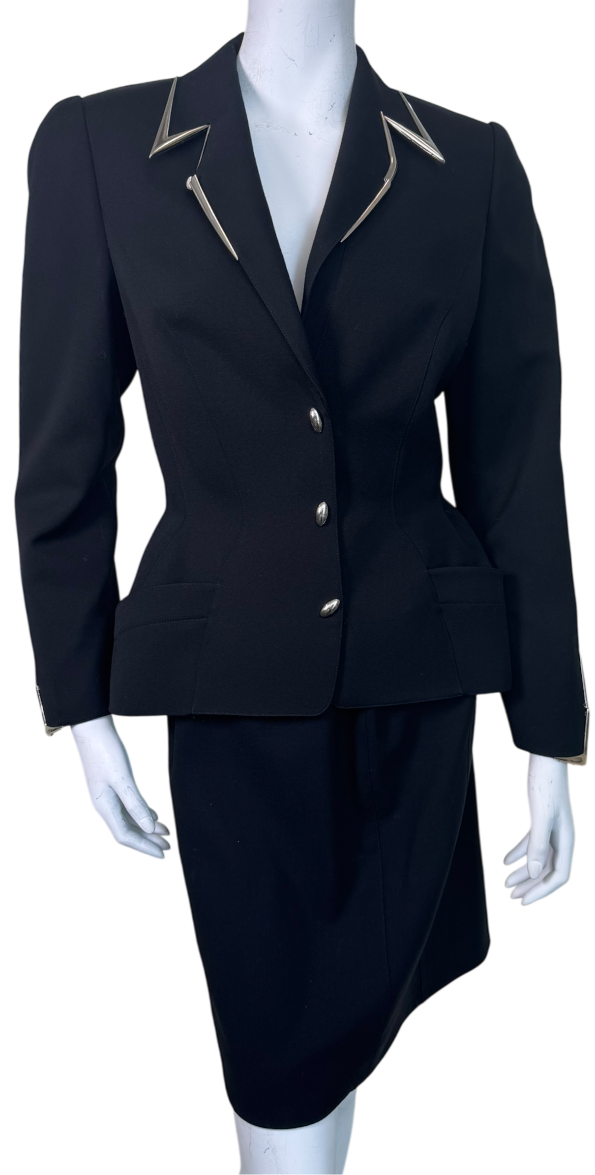 Vintage Thierry Mugler Paris Black Tailored Skirt Suit w/ Sculptural Metal Lapel Hardware, Made in France (c. 1989–1991)