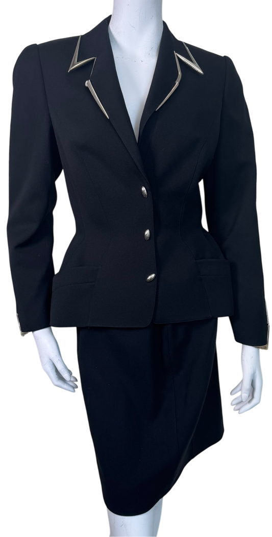 Vintage Thierry Mugler Paris Black Tailored Skirt Suit w/ Sculptural Metal Lapel Hardware, Made in France (c. 1989–1991)