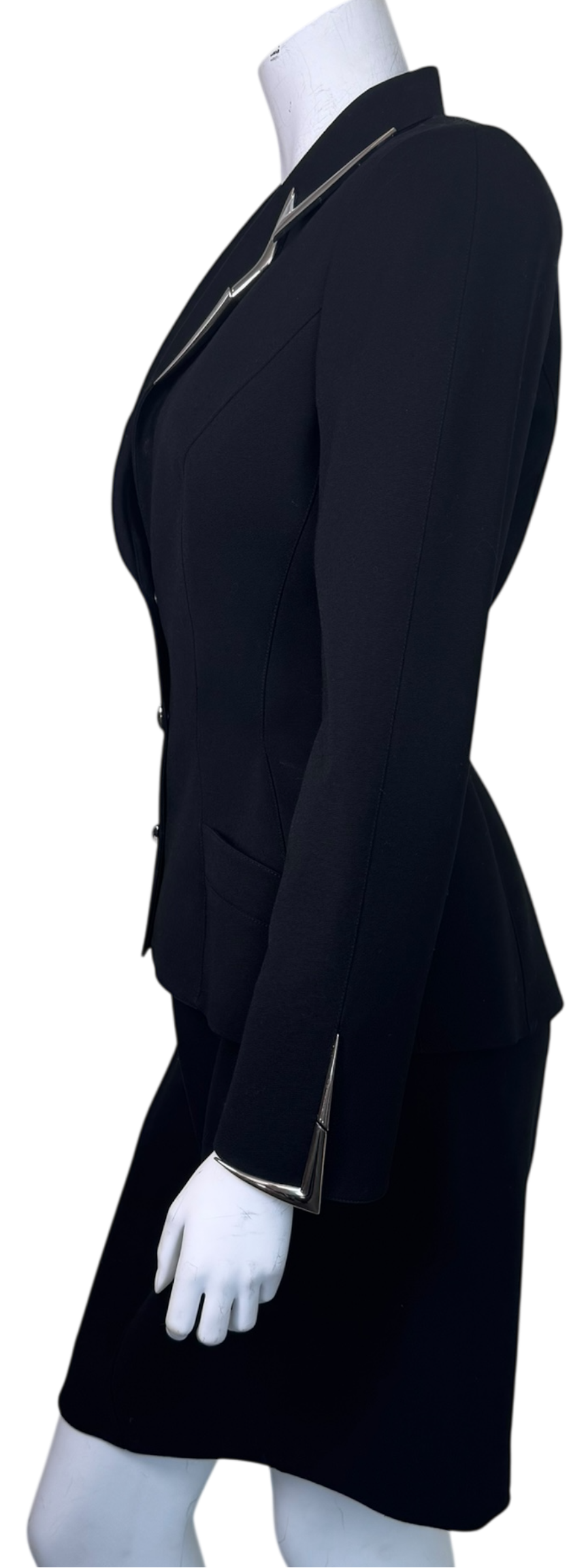 Vintage Thierry Mugler Paris Black Tailored Skirt Suit w/ Sculptural Metal Lapel Hardware, Made in France (c. 1989–1991)
