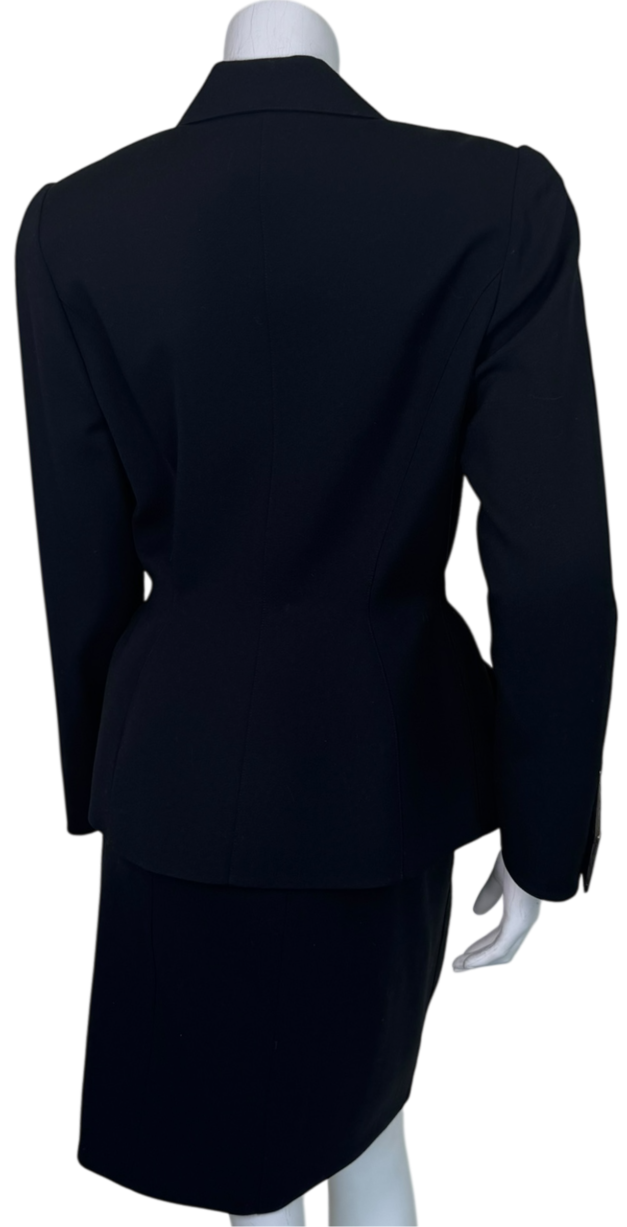 Vintage Thierry Mugler Paris Black Tailored Skirt Suit w/ Sculptural Metal Lapel Hardware, Made in France (c. 1989–1991)