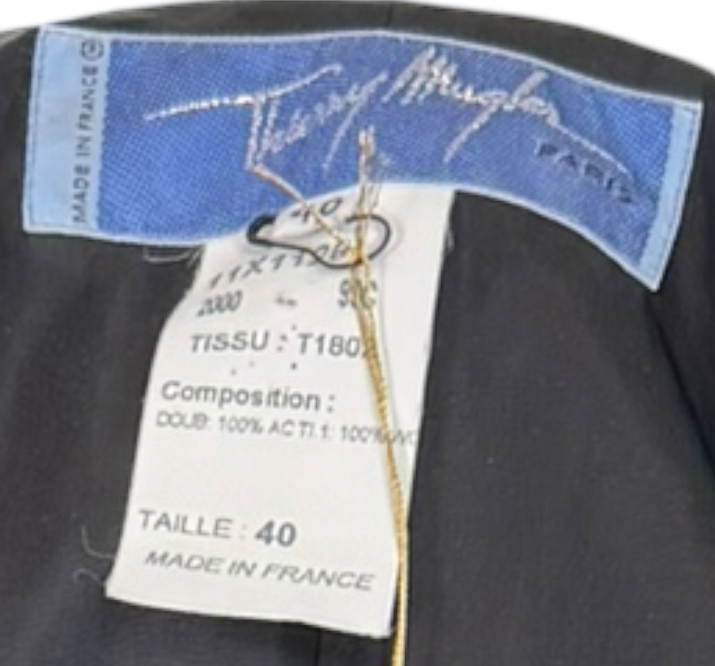 Vintage Thierry Mugler Paris Black Tailored Skirt Suit w/ Sculptural Metal Lapel Hardware, Made in France (c. 1989–1991)