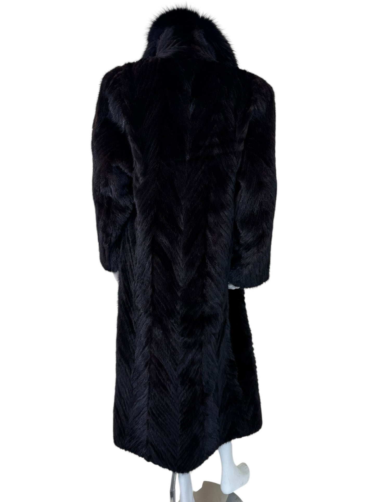 Vintage 1970s-1980s Full Length Dark Ranch Mink Fur Coat - Chevron Let-Out Tuxedo Collar