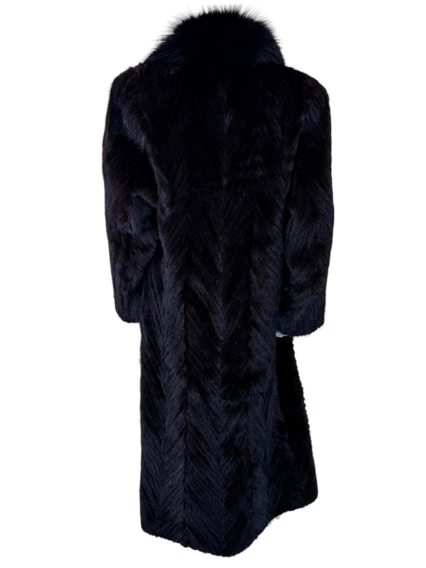Vintage 1970s-1980s Full Length Dark Ranch Mink Fur Coat - Chevron Let-Out Tuxedo Collar