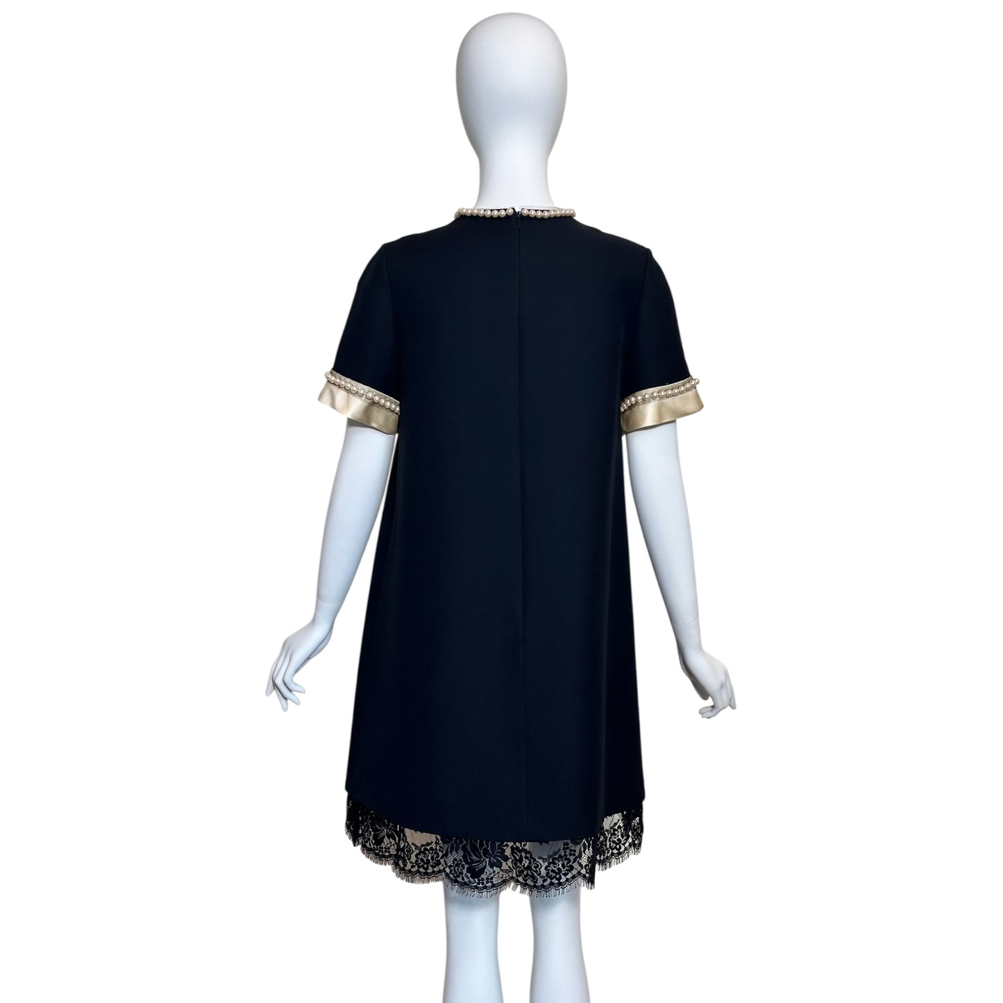 Gucci Pearl Embellished Black Silk Blend Shift Dress Featuring Round Neck, Short Sleeves, Front Pockets and Scalloped Lace Trim Hem Sz 40