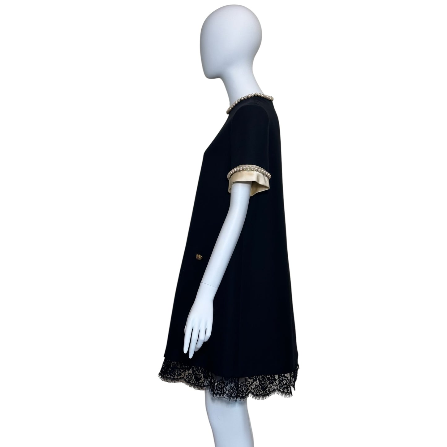 Gucci Pearl Embellished Black Silk Blend Shift Dress Featuring Round Neck, Short Sleeves, Front Pockets and Scalloped Lace Trim Hem Sz 40