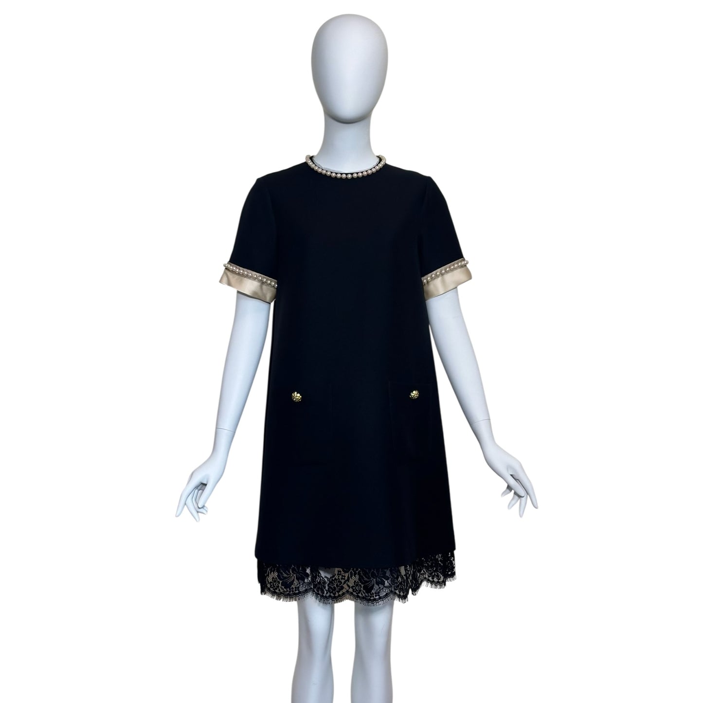 Gucci Pearl Embellished Black Silk Blend Shift Dress Featuring Round Neck, Short Sleeves, Front Pockets and Scalloped Lace Trim Hem Sz 40