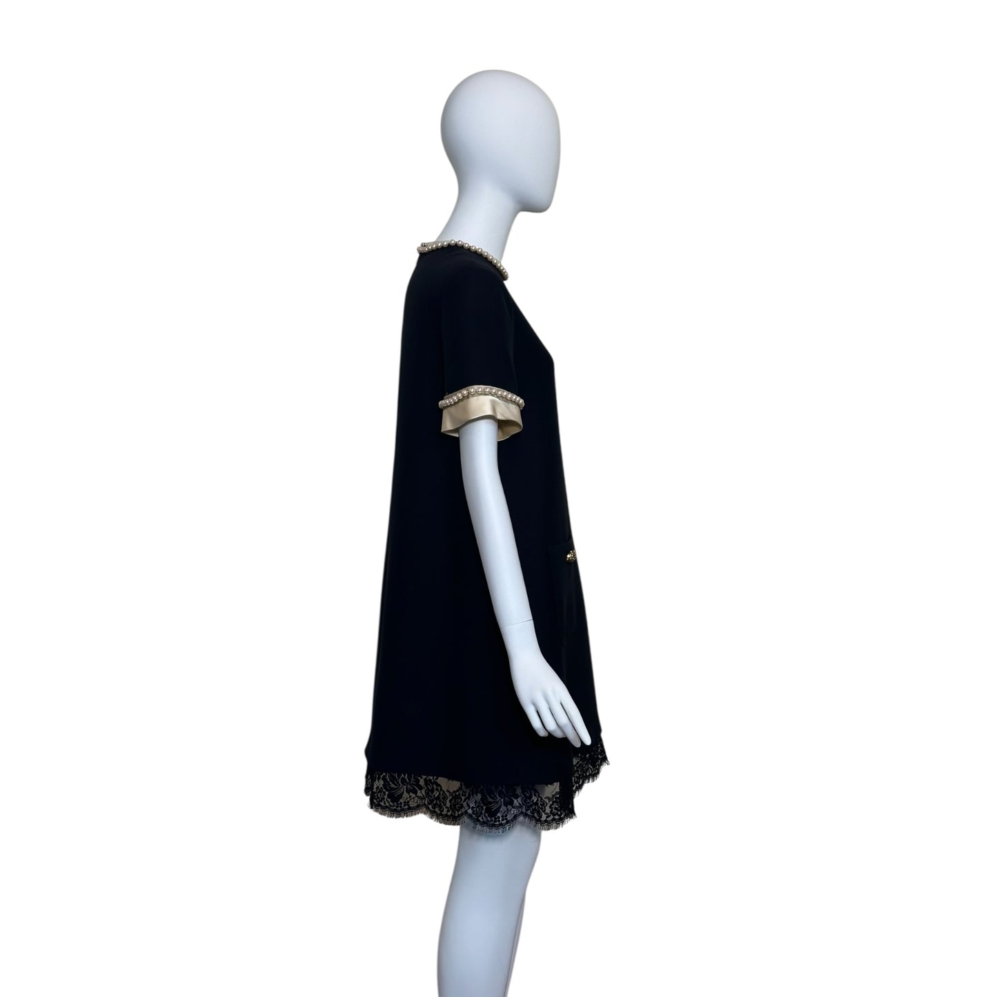 Gucci Pearl Embellished Black Silk Blend Shift Dress Featuring Round Neck, Short Sleeves, Front Pockets and Scalloped Lace Trim Hem Sz 40