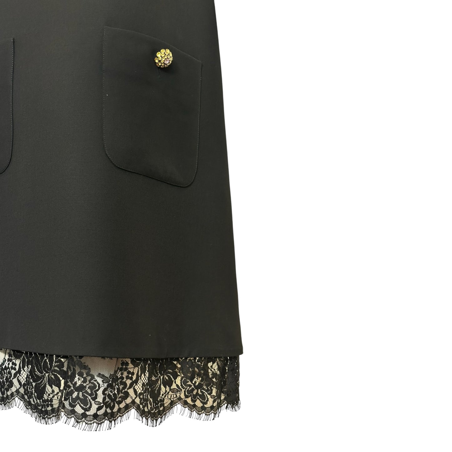 Gucci Pearl Embellished Black Silk Blend Shift Dress Featuring Round Neck, Short Sleeves, Front Pockets and Scalloped Lace Trim Hem Sz 40