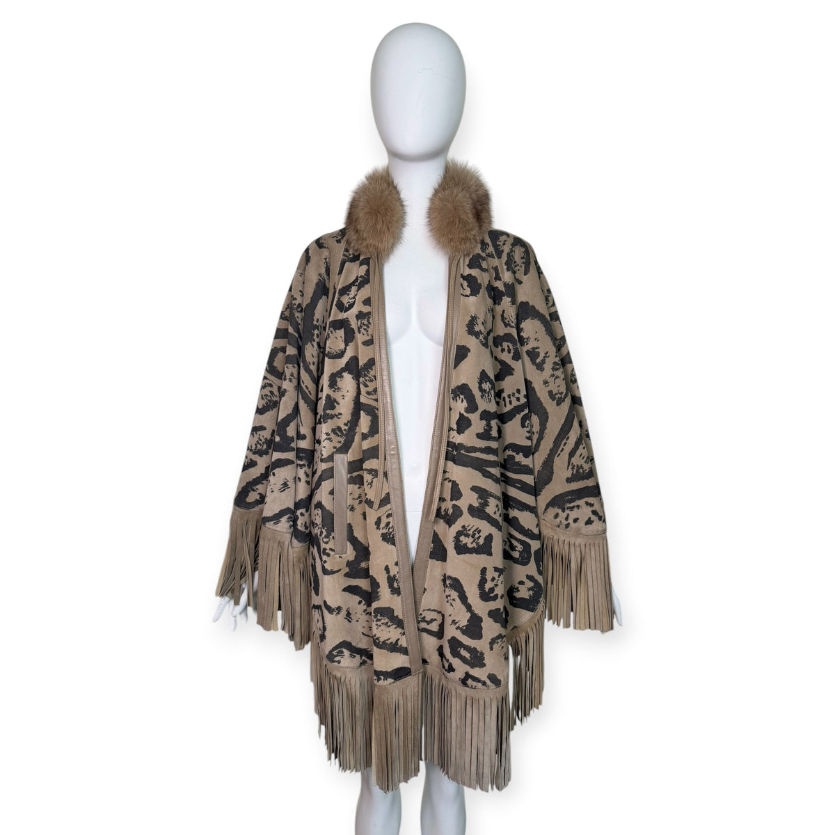 Vintage Christian Dior Animal Print Suede Fringe Cape with Rabbit Fur Collar | Iris Apfel Collection