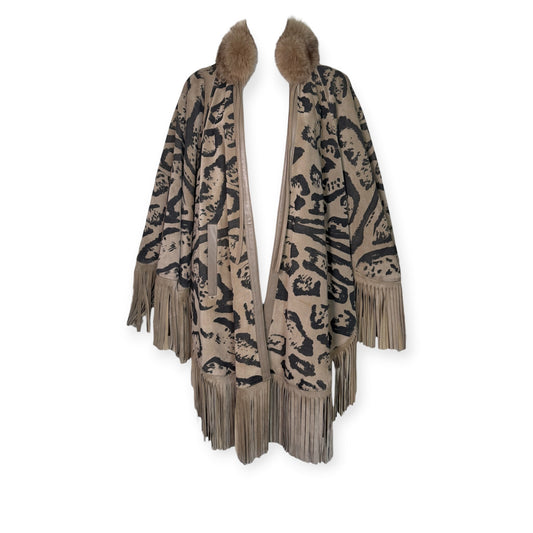 Vintage Christian Dior Animal Print Suede Fringe Cape with Rabbit Fur Collar | Iris Apfel Collection
