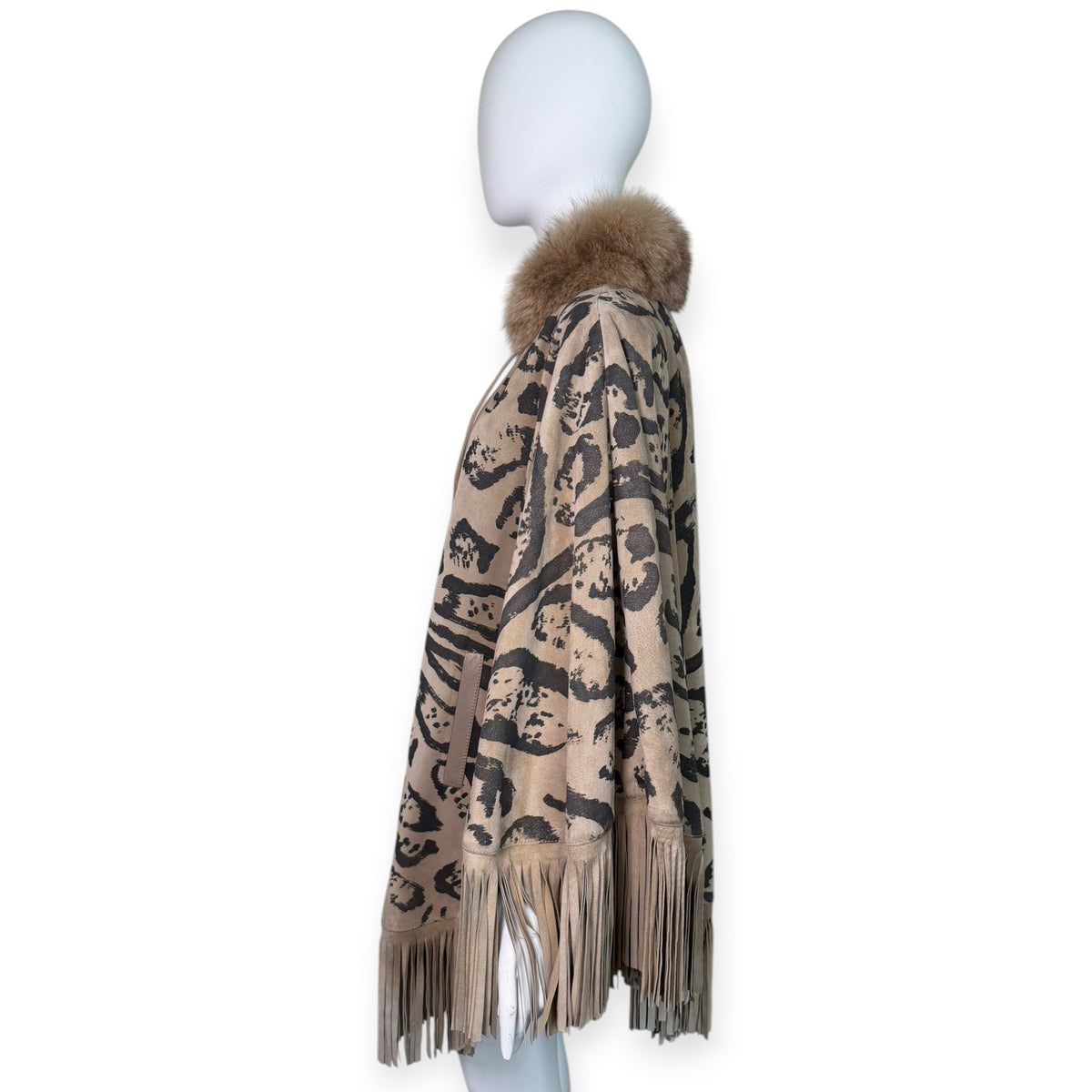 Vintage Christian Dior Animal Print Suede Fringe Cape with Rabbit Fur Collar | Iris Apfel Collection