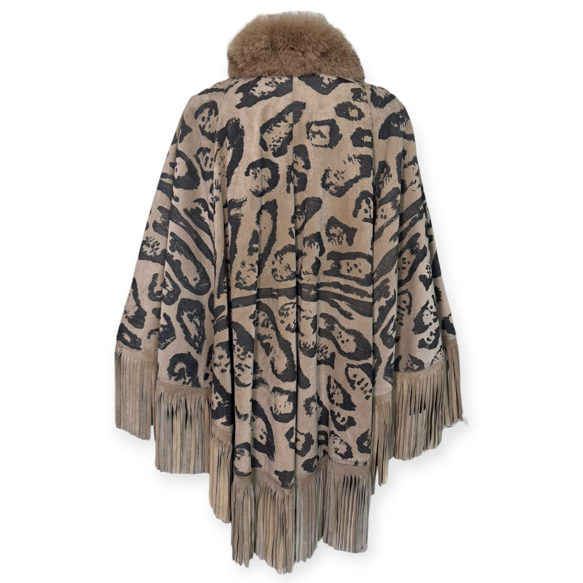Vintage Christian Dior Animal Print Suede Fringe Cape with Rabbit Fur Collar | Iris Apfel Collection
