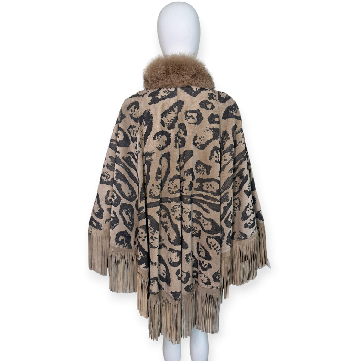 Vintage Christian Dior Animal Print Suede Fringe Cape with Rabbit Fur Collar | Iris Apfel Collection