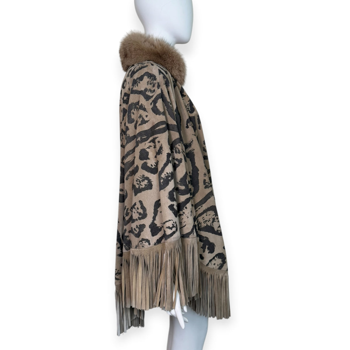 Vintage Christian Dior Animal Print Suede Fringe Cape with Rabbit Fur Collar | Iris Apfel Collection