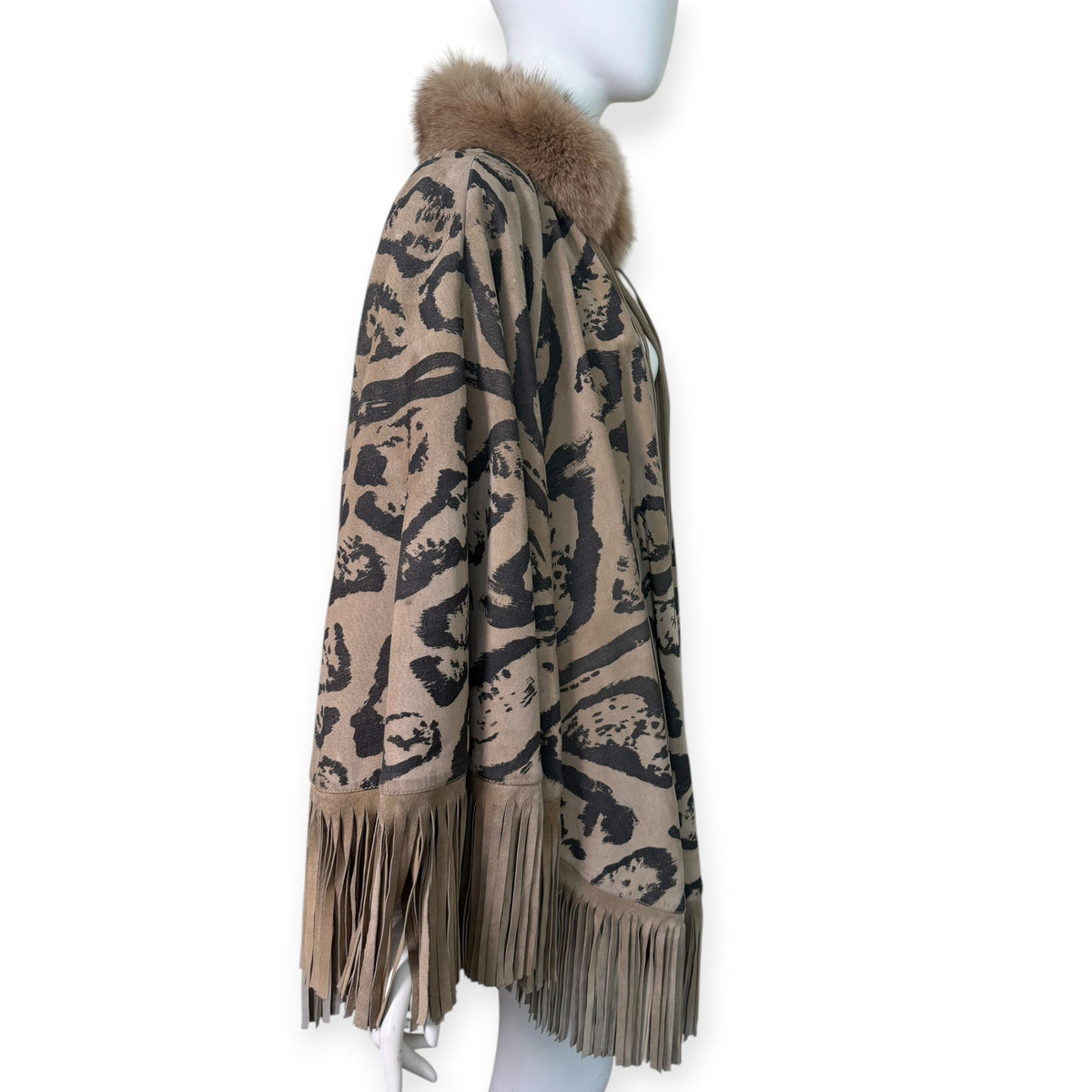 Vintage Christian Dior Animal Print Suede Fringe Cape with Rabbit Fur Collar | Iris Apfel Collection