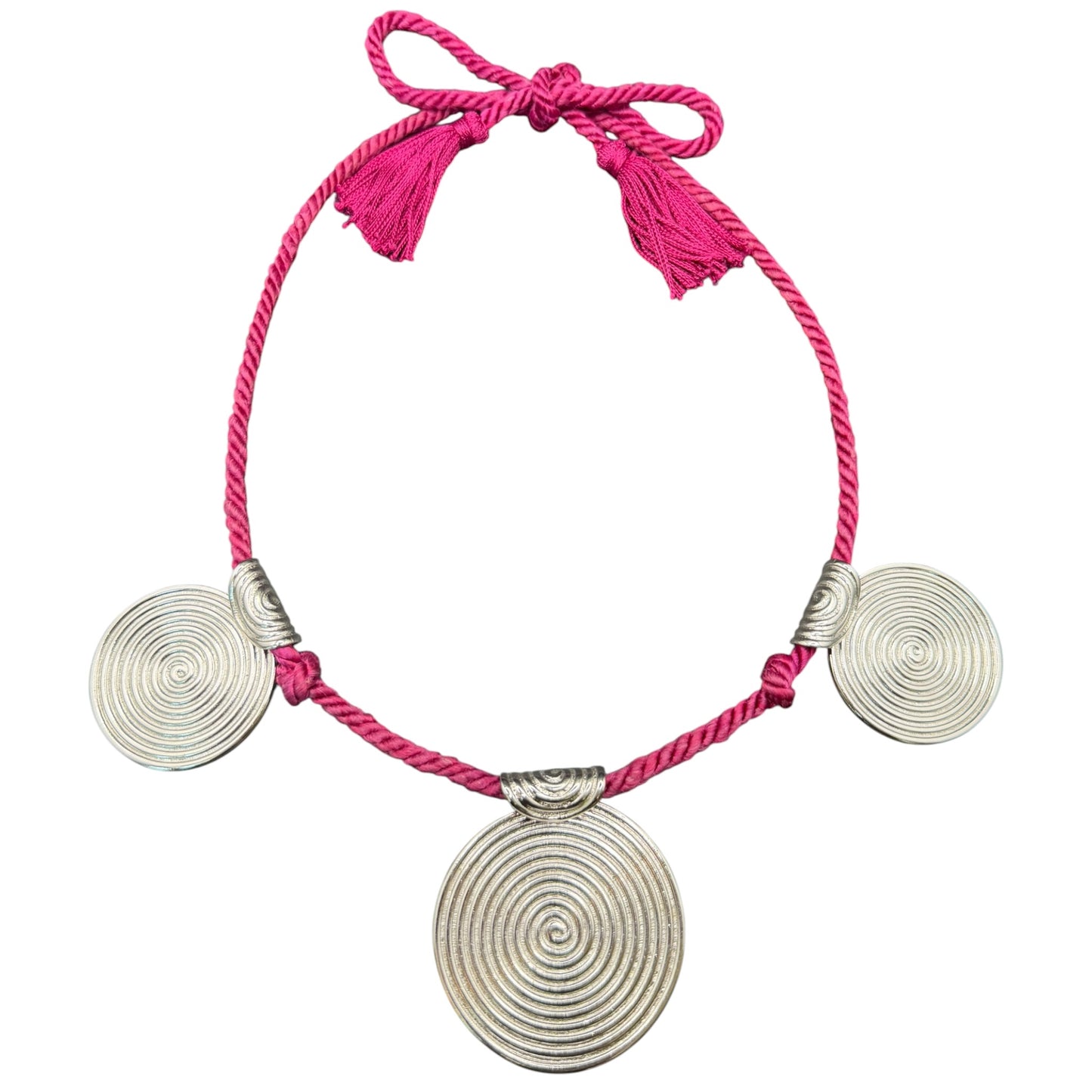 Vintage Yves Saint Laurent YSL Silver-Tone Spiral Disc Necklace & Pink Crystal Clip-On Earring Set