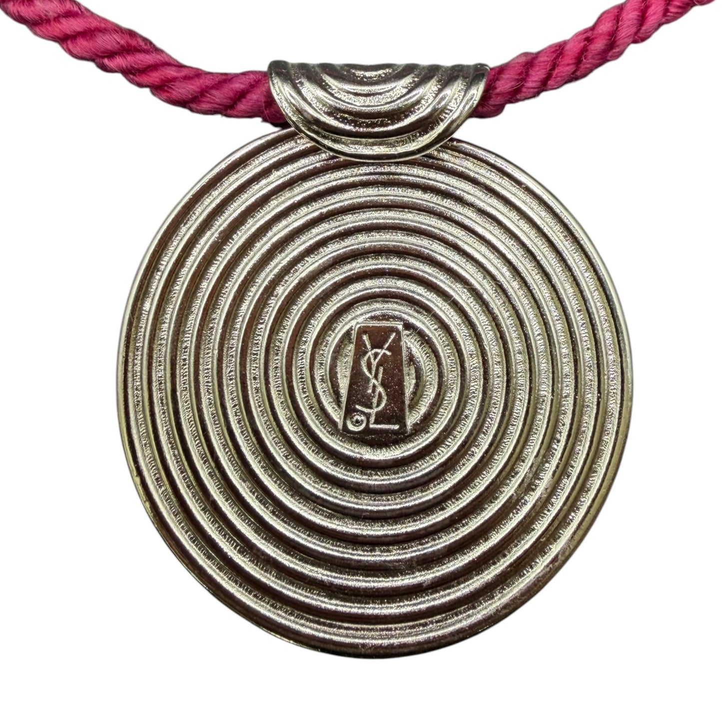 Vintage Yves Saint Laurent YSL Silver-Tone Spiral Disc Necklace & Pink Crystal Clip-On Earring Set