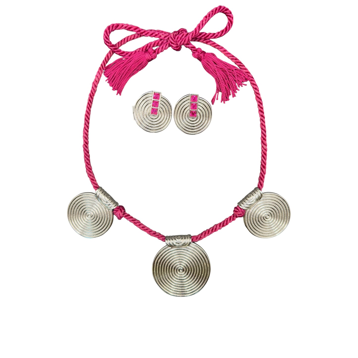 Vintage Yves Saint Laurent YSL Silver-Tone Spiral Disc Necklace & Pink Crystal Clip-On Earring Set