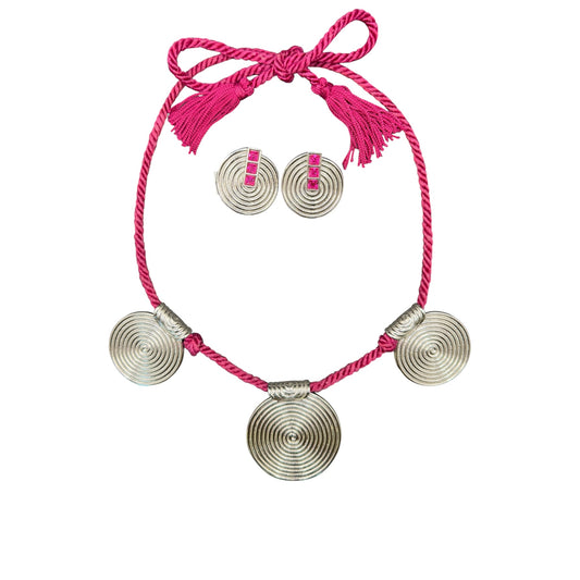 Vintage Yves Saint Laurent YSL Silver-Tone Spiral Disc Necklace & Pink Crystal Clip-On Earring Set