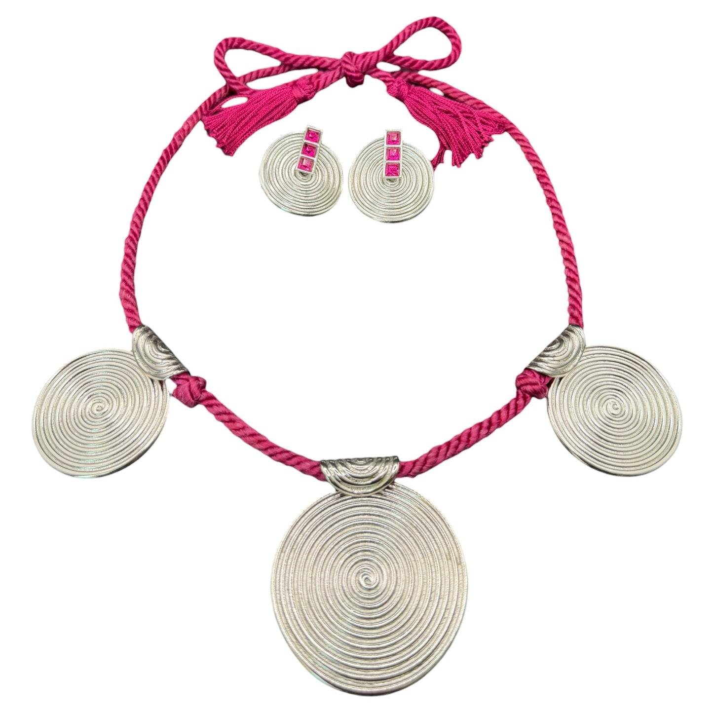Vintage Yves Saint Laurent YSL Silver-Tone Spiral Disc Necklace & Pink Crystal Clip-On Earring Set