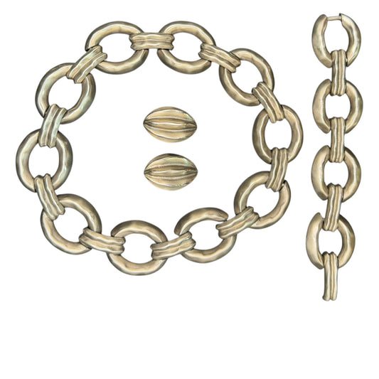 Vintage Givenchy 1980s Sculptural Silver-Tone Oval Link Parure Set Necklace Bracelet & Earrings