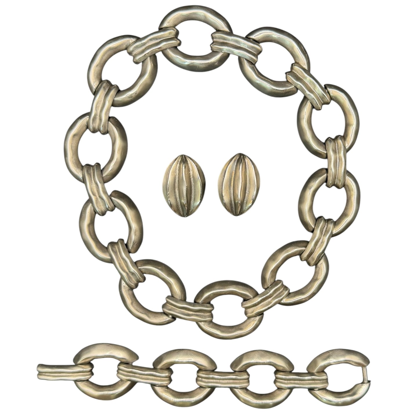 Vintage Givenchy 1980s Sculptural Silver-Tone Oval Link Parure Set Necklace Bracelet & Earrings