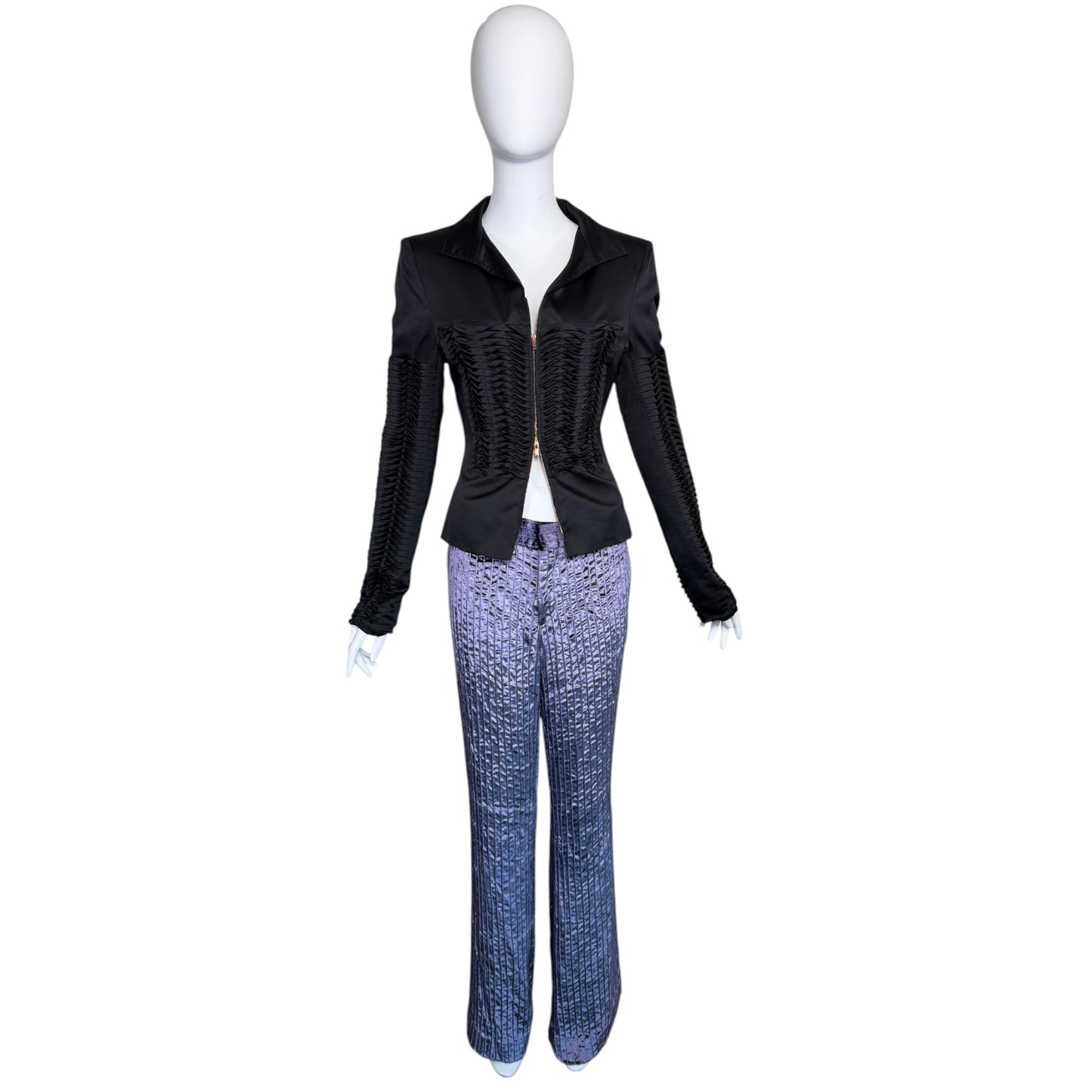Gucci by Tom Ford Vintage S/S 2004 Runway Black Silk Pleated Zip-Front Jacket | Look 17
