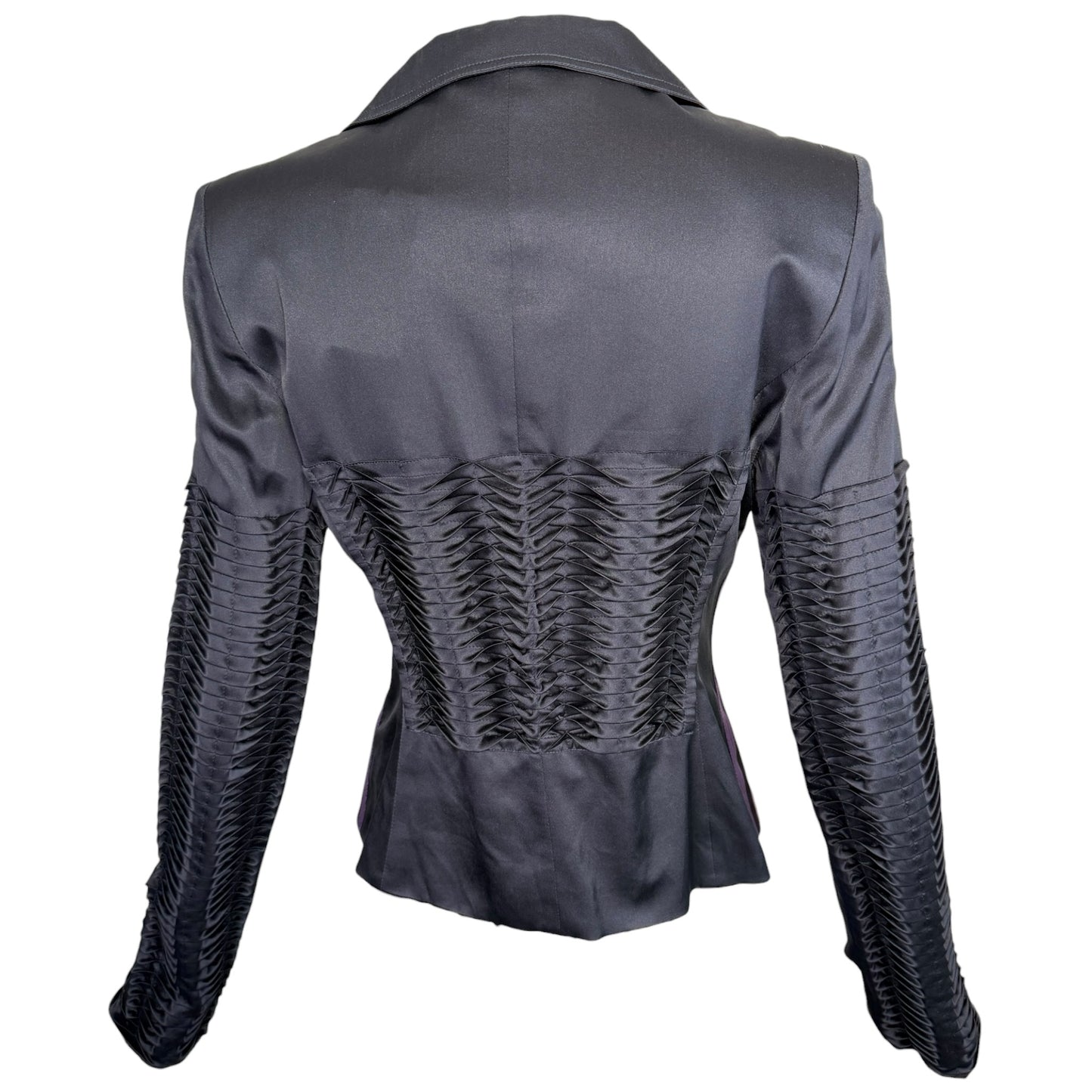 Gucci by Tom Ford Vintage S/S 2004 Runway Black Silk Pleated Zip-Front Jacket | Look 17