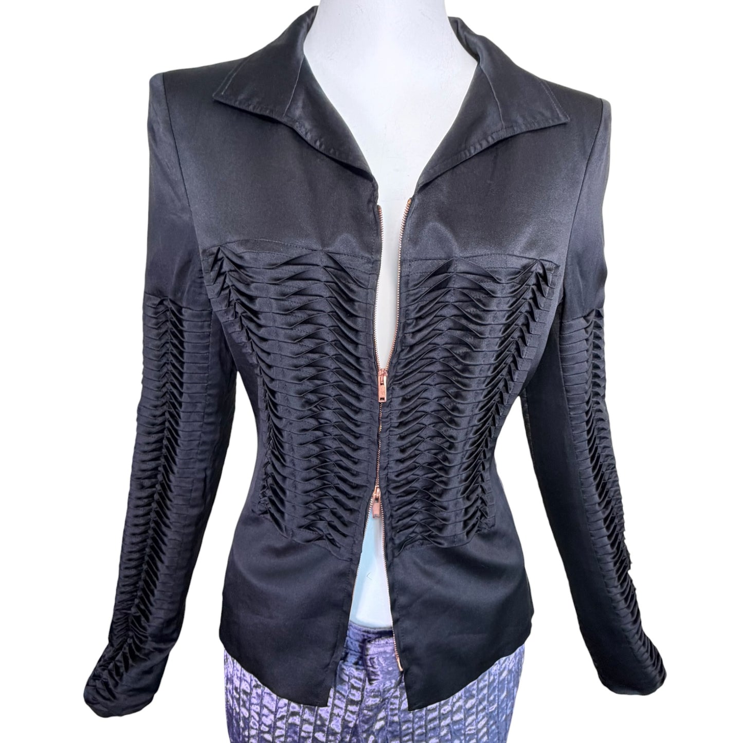 Gucci by Tom Ford Vintage S/S 2004 Runway Black Silk Pleated Zip-Front Jacket | Look 17
