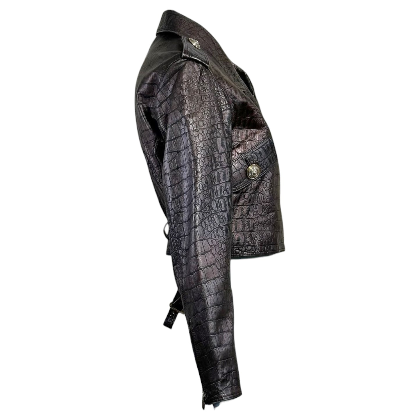 1990s Versace Sport Brown Embossed Croc Leather Moto Jacket IT 40