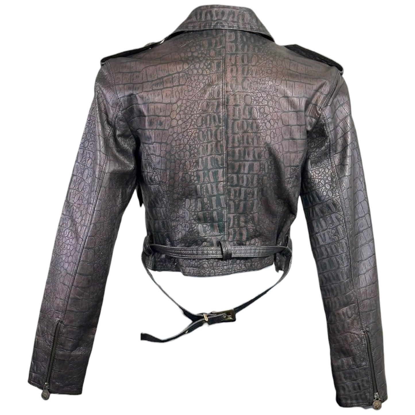 1990s Versace Sport Brown Embossed Croc Leather Moto Jacket IT 40