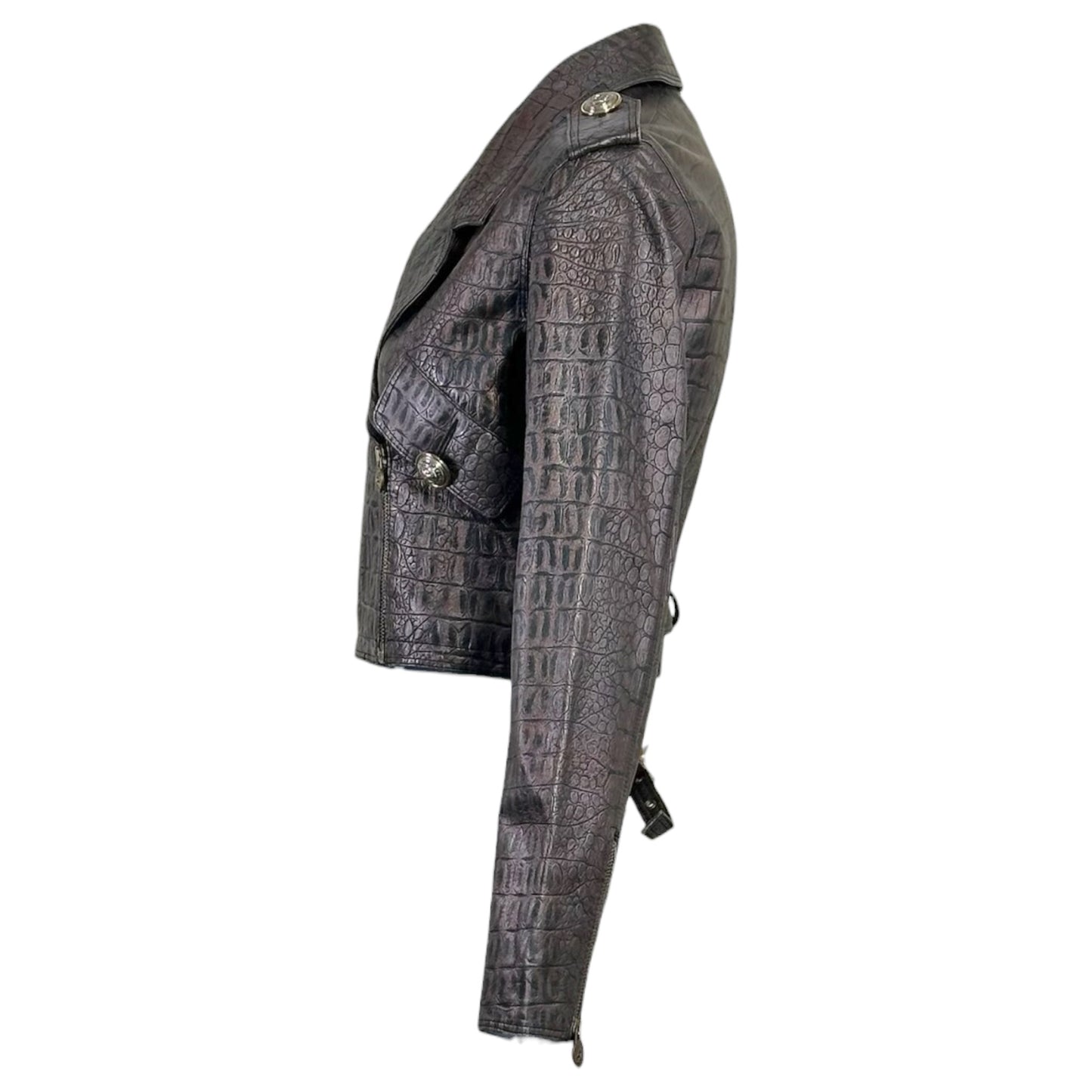 1990s Versace Sport Brown Embossed Croc Leather Moto Jacket IT 40