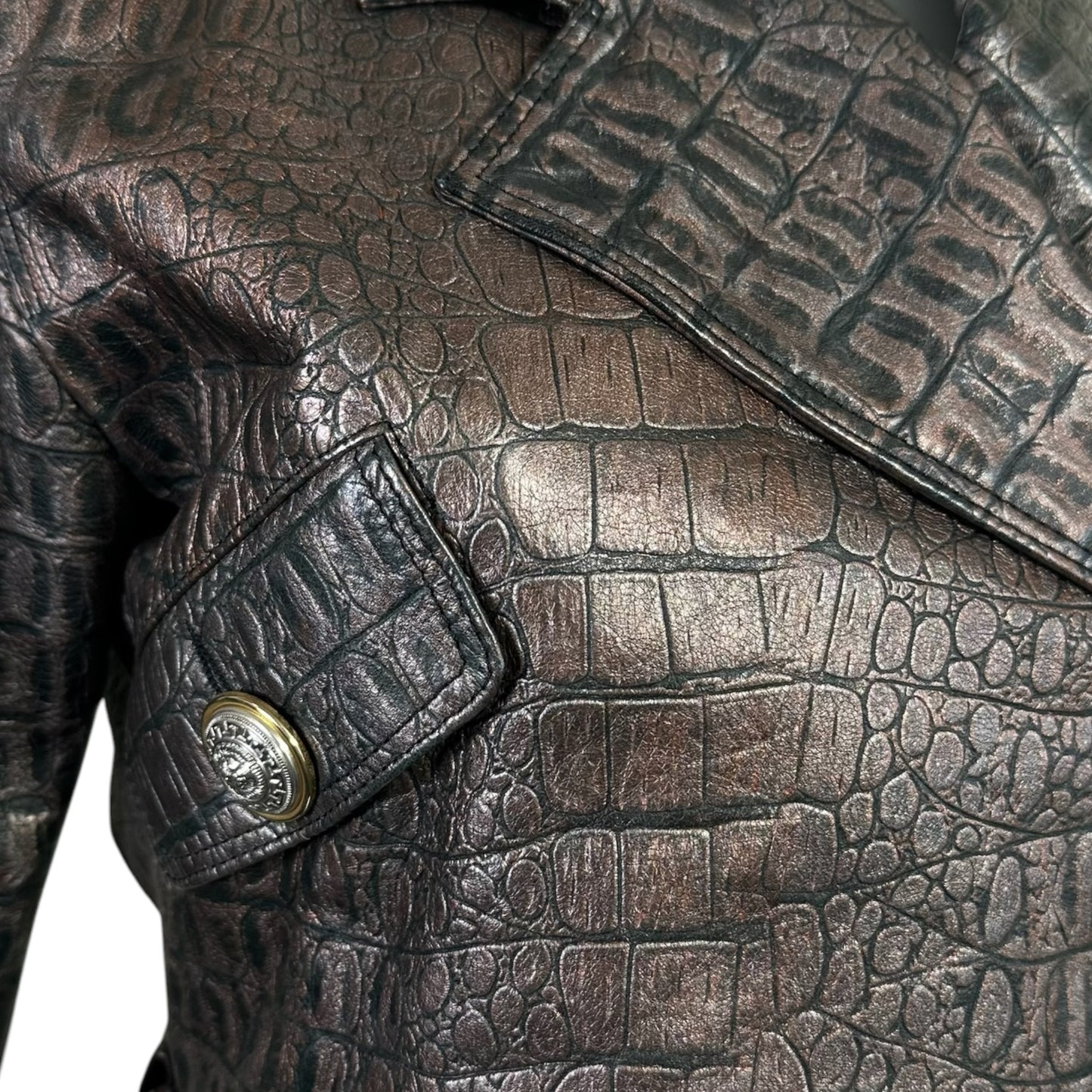 1990s Versace Sport Brown Embossed Croc Leather Moto Jacket IT 40