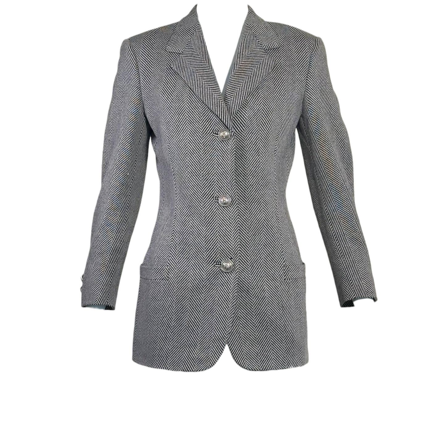 Vintage Gianni Versace Couture Black & White Herringbone Medusa Button Blazer Jacket Size 38