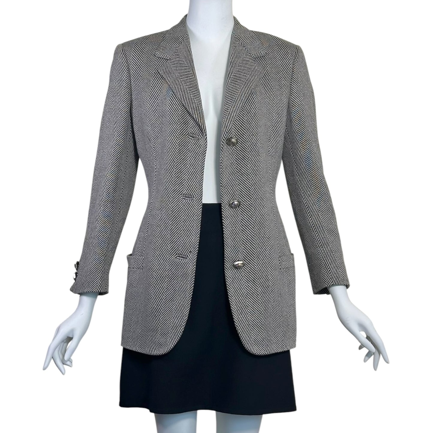 Vintage Gianni Versace Couture Black & White Herringbone Medusa Button Blazer Jacket Size 38