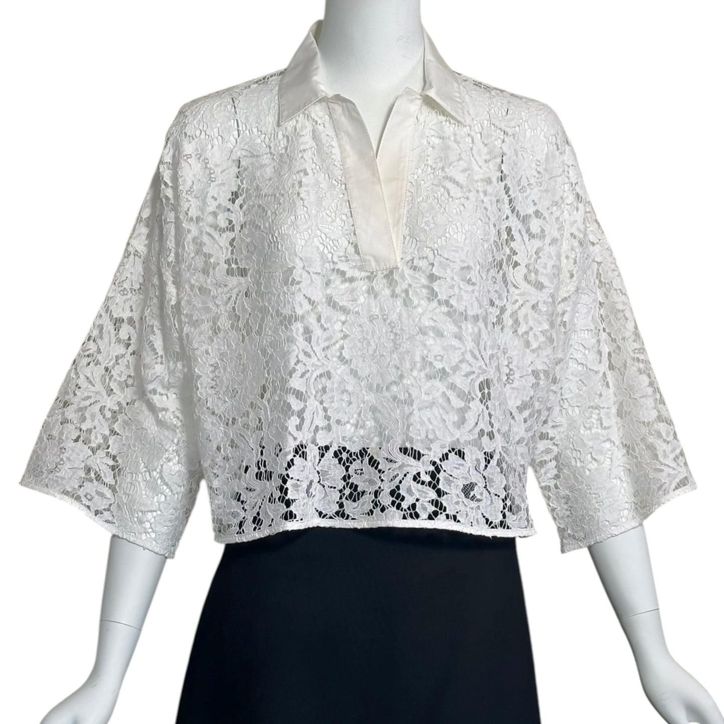 Valentino White Floral Lace Cropped Blouse IT 38 | Sheer Lace & Cotton Oversized Top