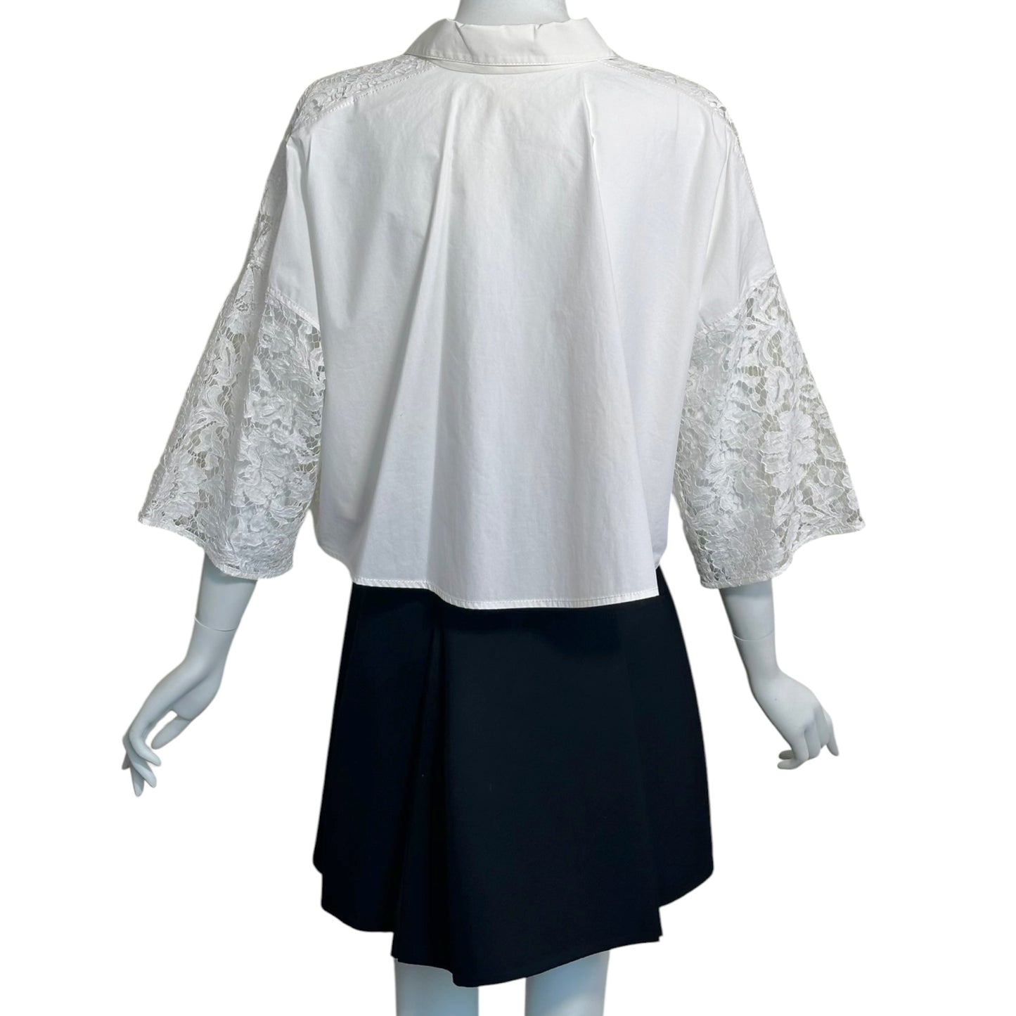 Valentino White Floral Lace Cropped Blouse IT 38 | Sheer Lace & Cotton Oversized Top